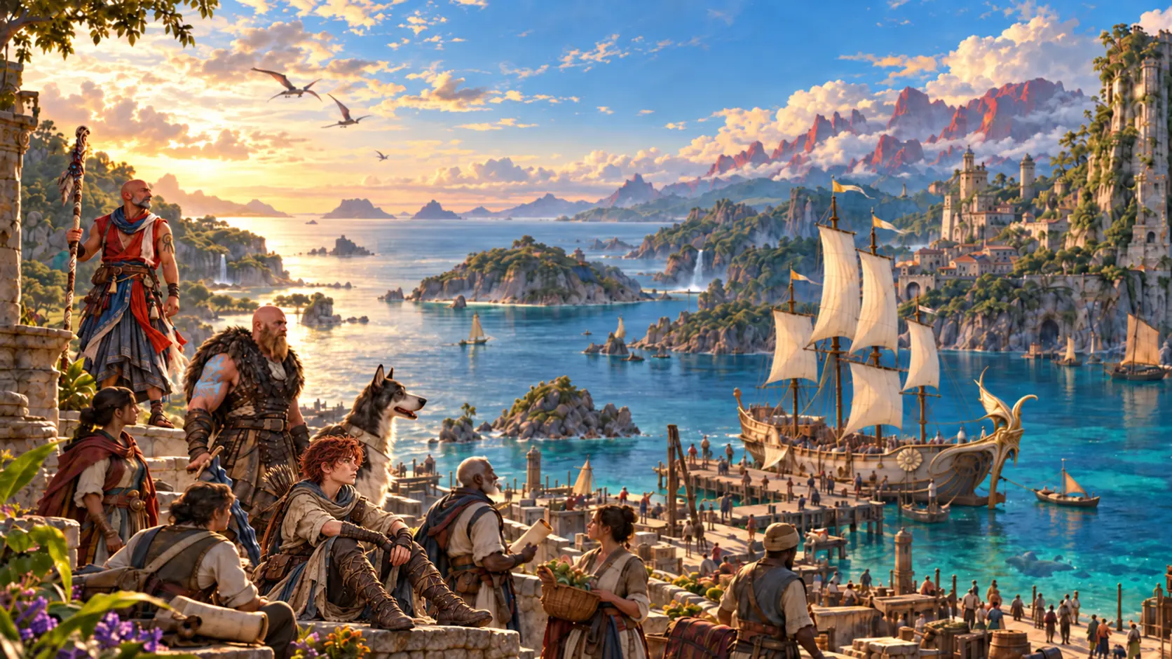 Adventurers and a dog overlooking a sunlit turquoise harbor, with sailing ships, a coastal city, and distant mountains