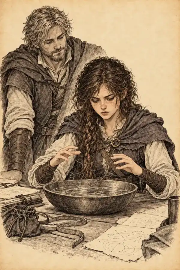 At the worktable — Interior illustration from Nimlorn.