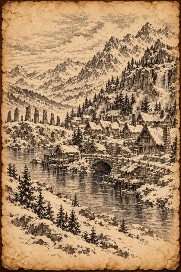 A settlement in Teraven — A manuscript landscape, rendered as a parchment sketch.