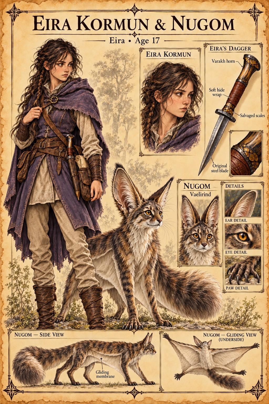 Character reference showing Eira Kormun, her dagger, and Nugom.
