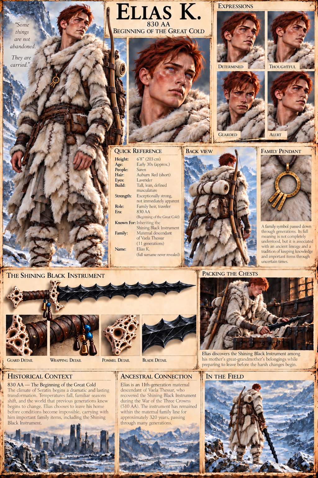 Character reference showing Elias K., winter clothing, a family pendant, and the Shining Black Instrument.