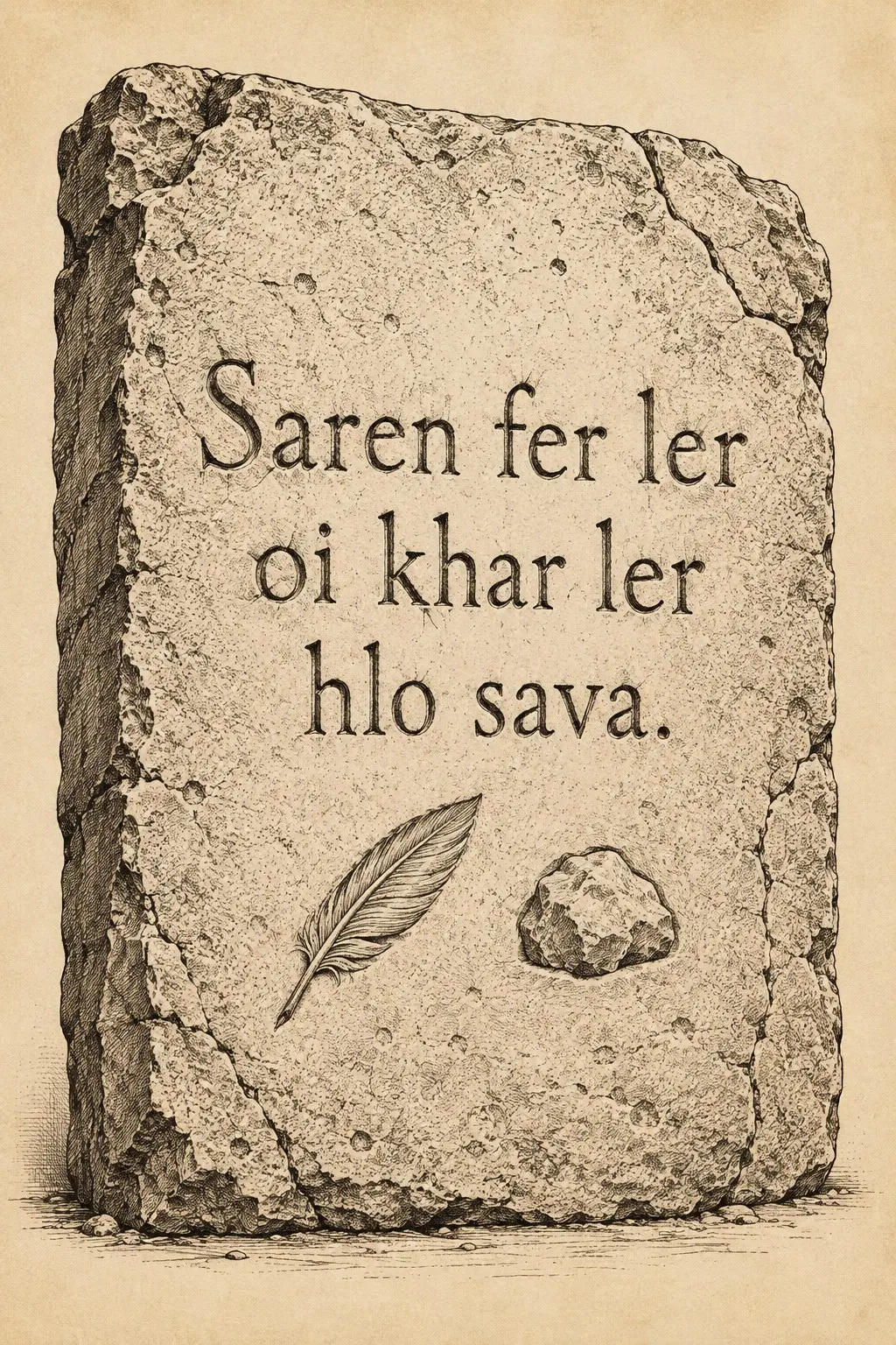 A weathered stone tablet bearing an Ahlaku inscription, displayed against a parchment background.