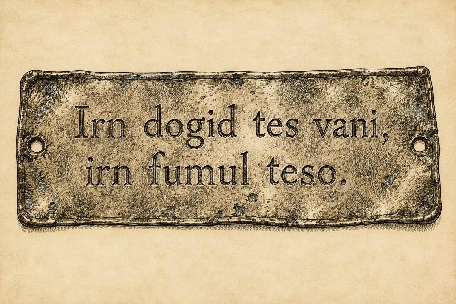A weathered bronze tablet bearing an Ahlaku inscription, displayed against a parchment background.