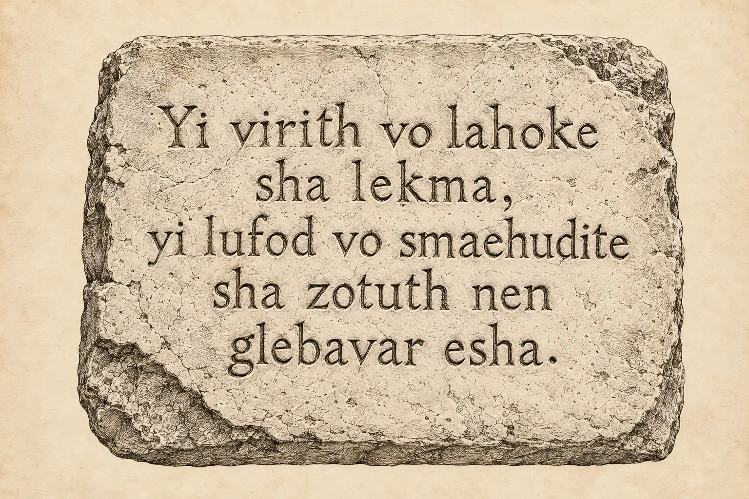 A weathered stone tablet bearing an Ahlaku inscription, displayed against a parchment background.