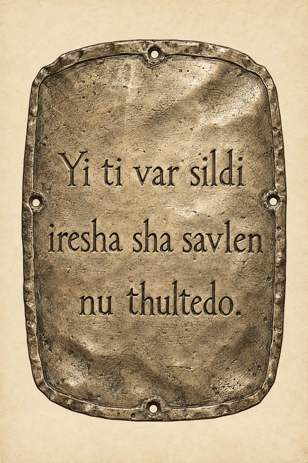 A weathered bronze tablet bearing an Ahlaku inscription, displayed against a parchment background.
