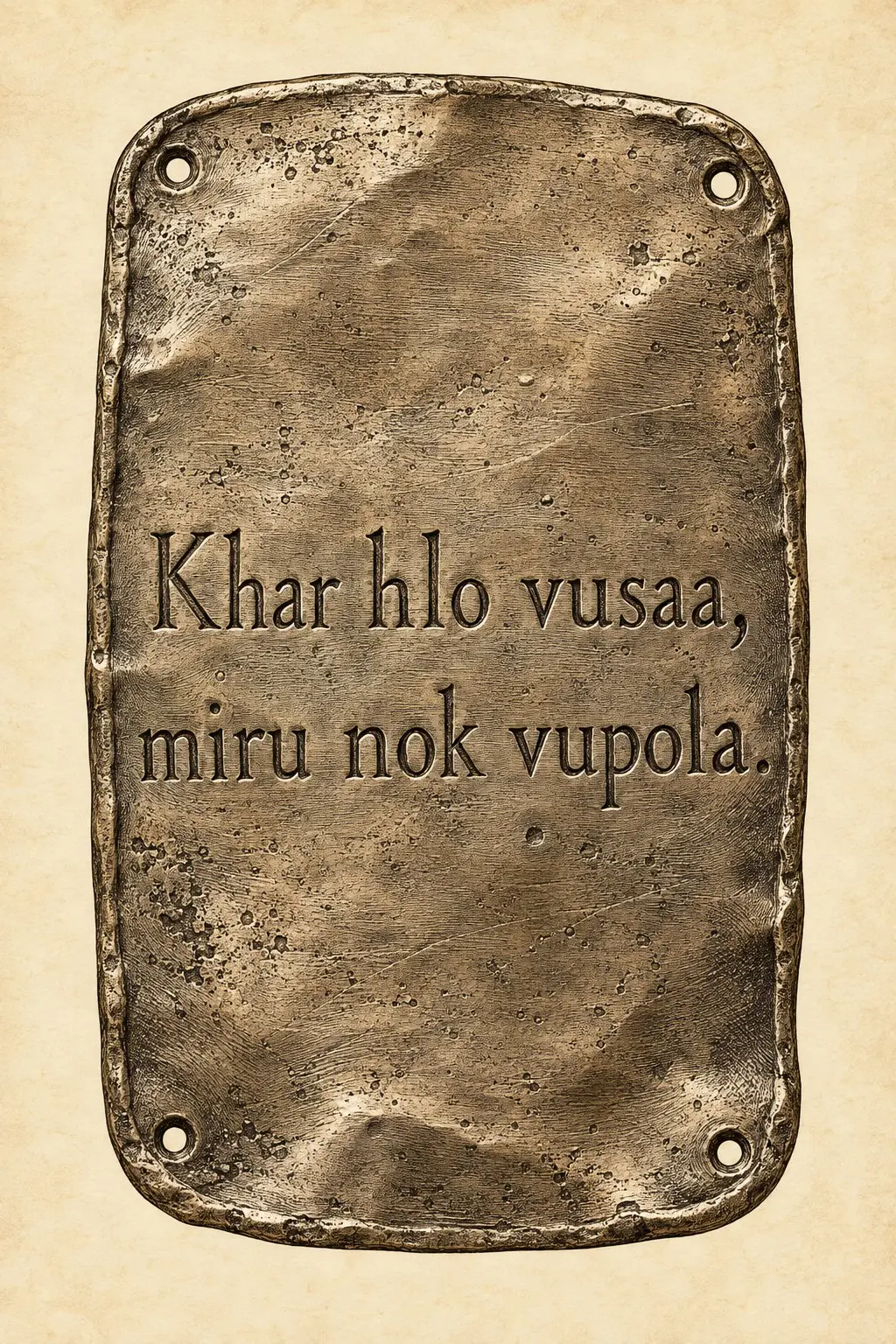 A weathered bronze tablet bearing an Ahlaku inscription, displayed against a parchment background.