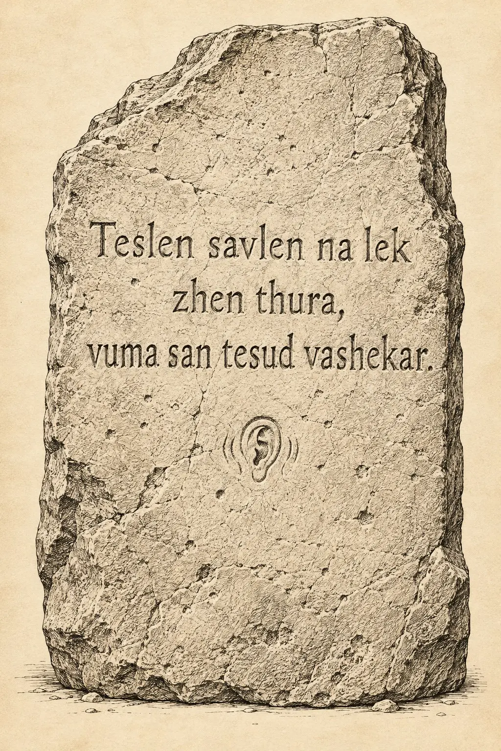 A weathered stone tablet bearing an Ahlaku inscription, displayed against a parchment background.