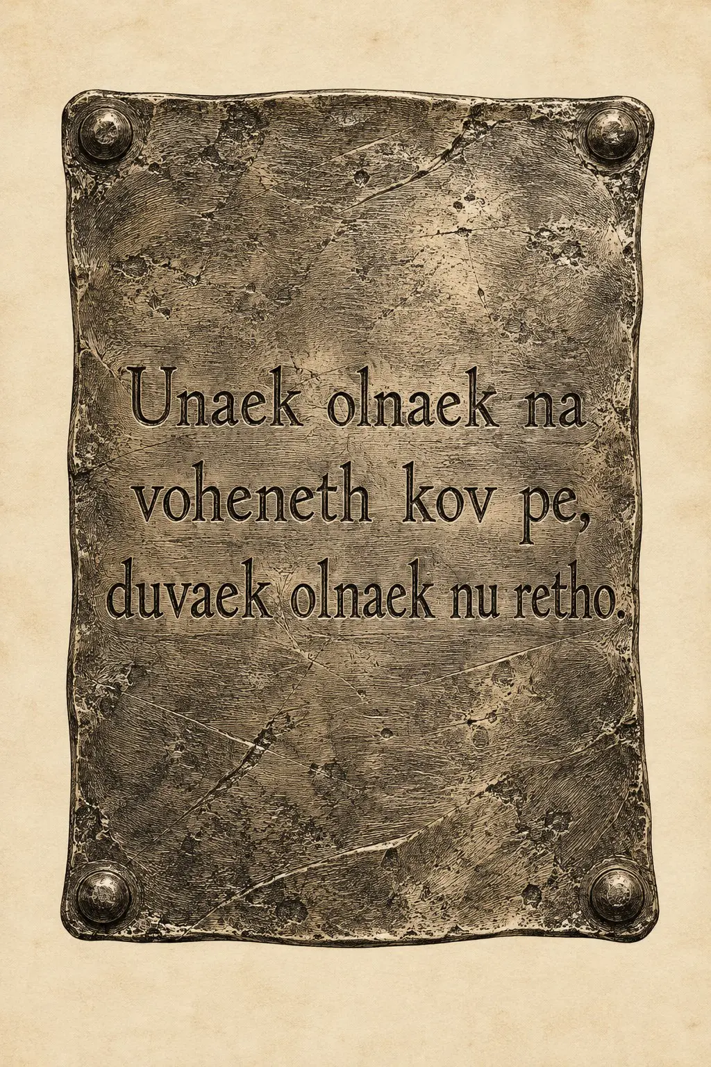 A weathered bronze tablet bearing an Ahlaku inscription, displayed against a parchment background.