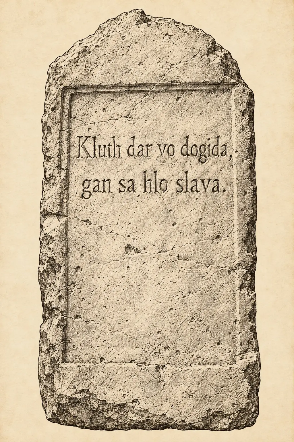 A weathered stone tablet bearing an Ahlaku inscription, displayed against a parchment background.
