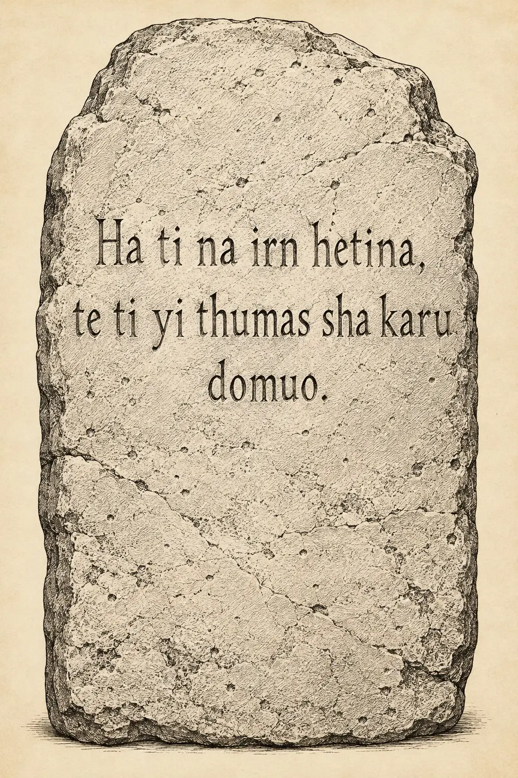 A weathered stone tablet bearing an Ahlaku inscription, displayed against a parchment background.