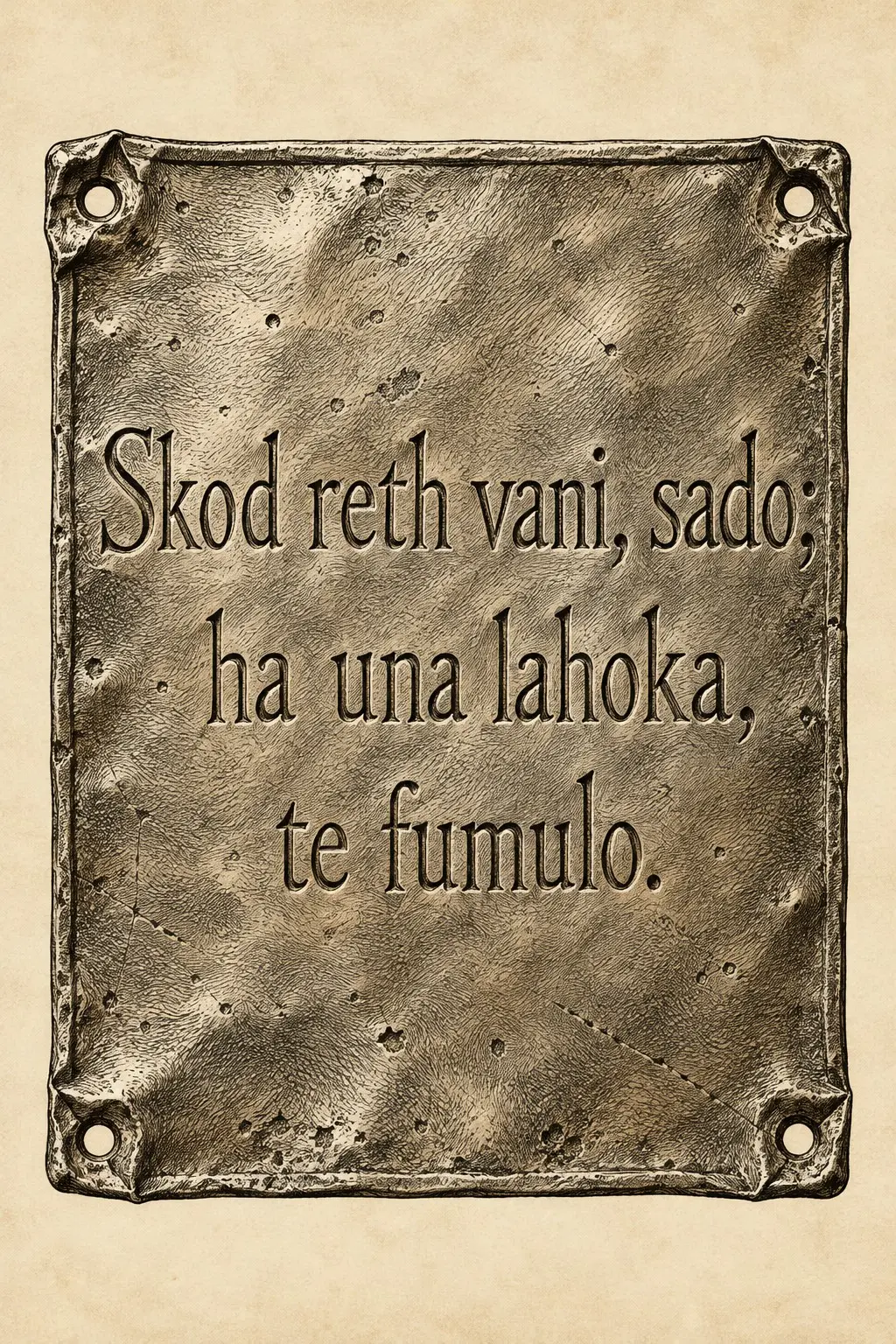 A weathered bronze tablet bearing an Ahlaku inscription, displayed against a parchment background.