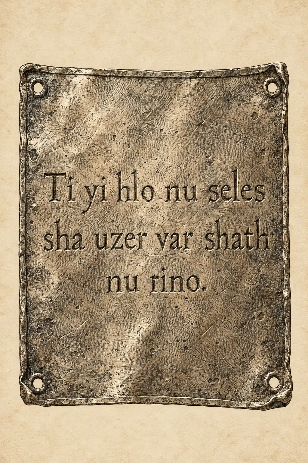 A weathered bronze tablet bearing an Ahlaku inscription, displayed against a parchment background.