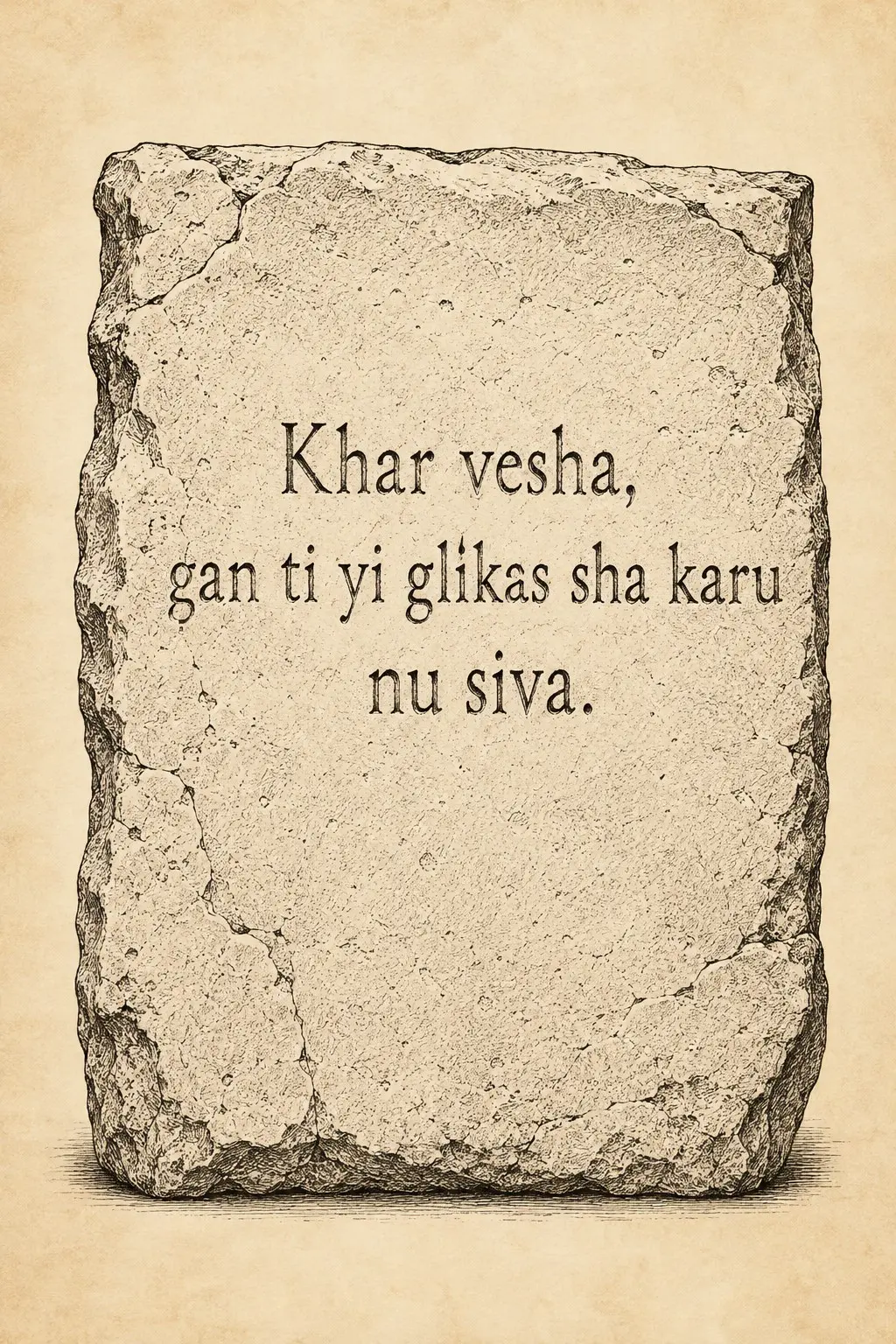 A weathered stone tablet bearing an Ahlaku inscription, displayed against a parchment background.