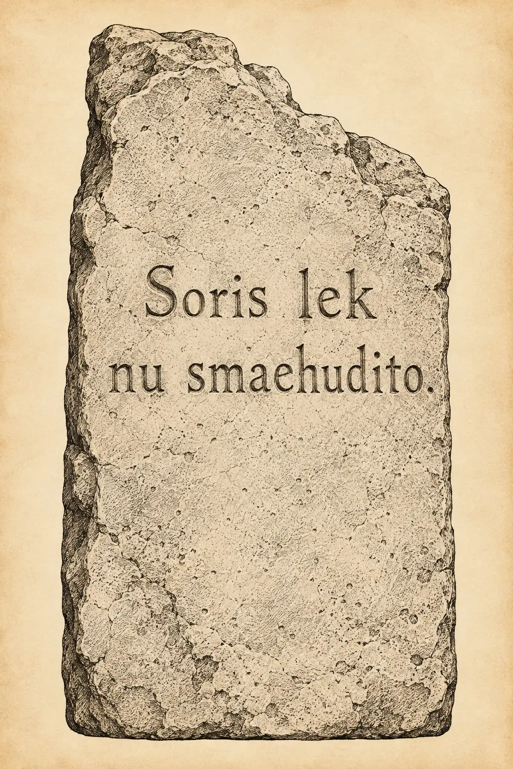 A weathered stone tablet bearing an Ahlaku inscription, displayed against a parchment background.