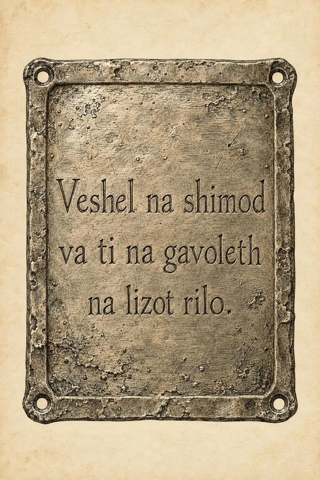 A weathered bronze tablet bearing an Ahlaku inscription, displayed against a parchment background.