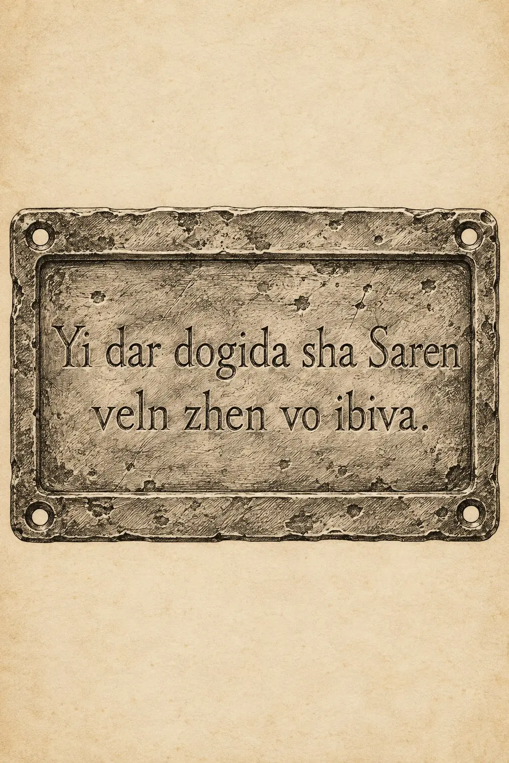 A weathered bronze tablet bearing an Ahlaku inscription, displayed against a parchment background.