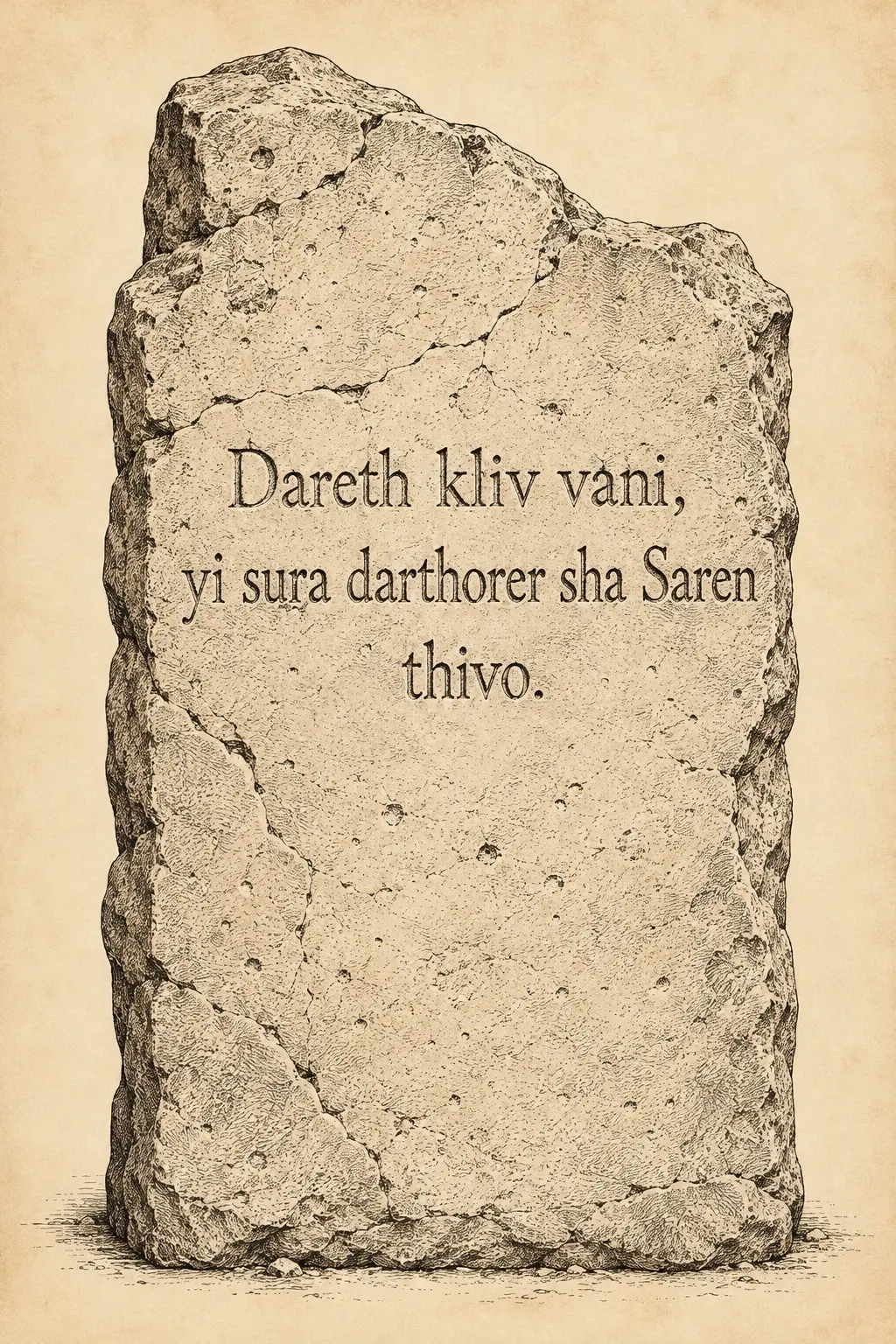 A weathered stone tablet bearing an Ahlaku inscription, displayed against a parchment background.
