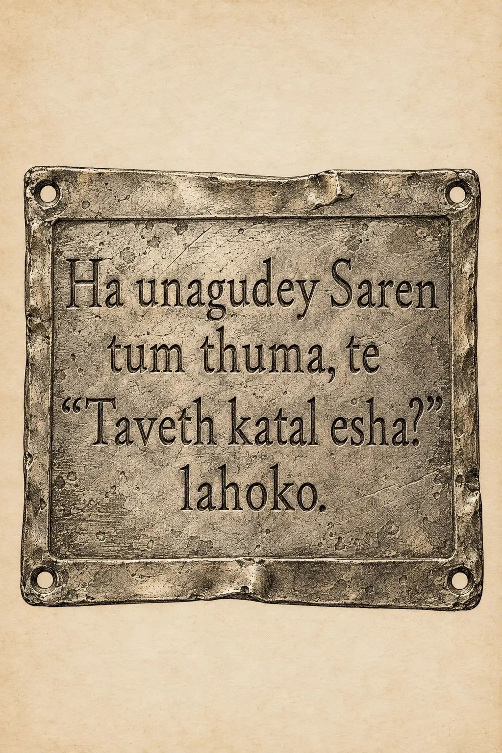 A weathered bronze tablet bearing an Ahlaku inscription, displayed against a parchment background.