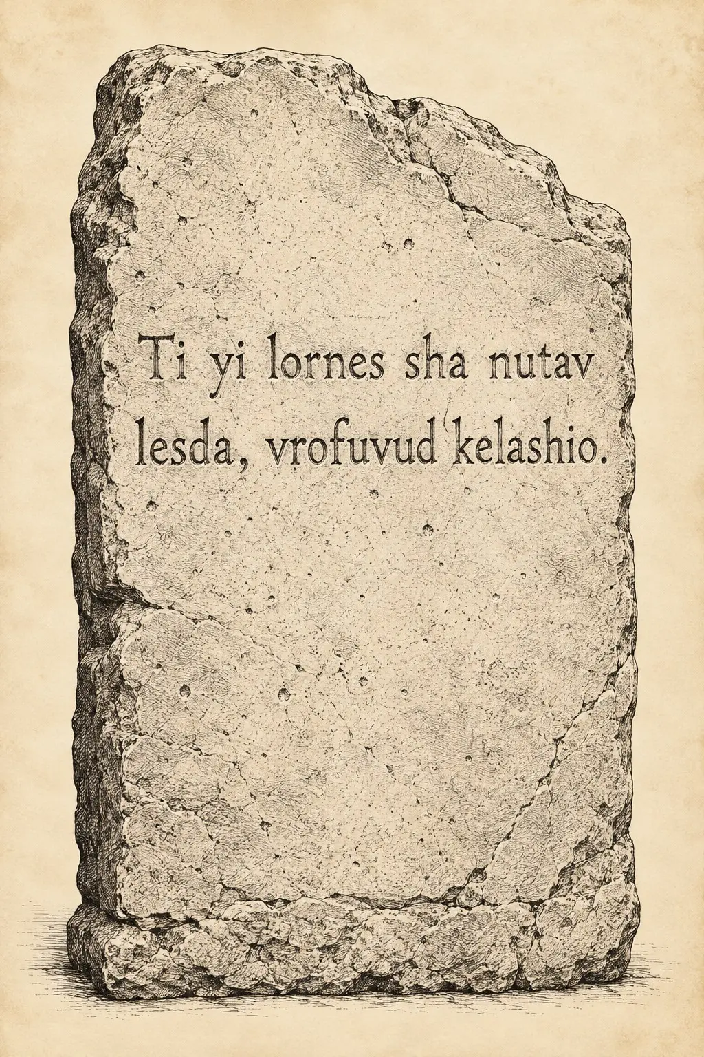 A weathered stone tablet bearing an Ahlaku inscription, displayed against a parchment background.