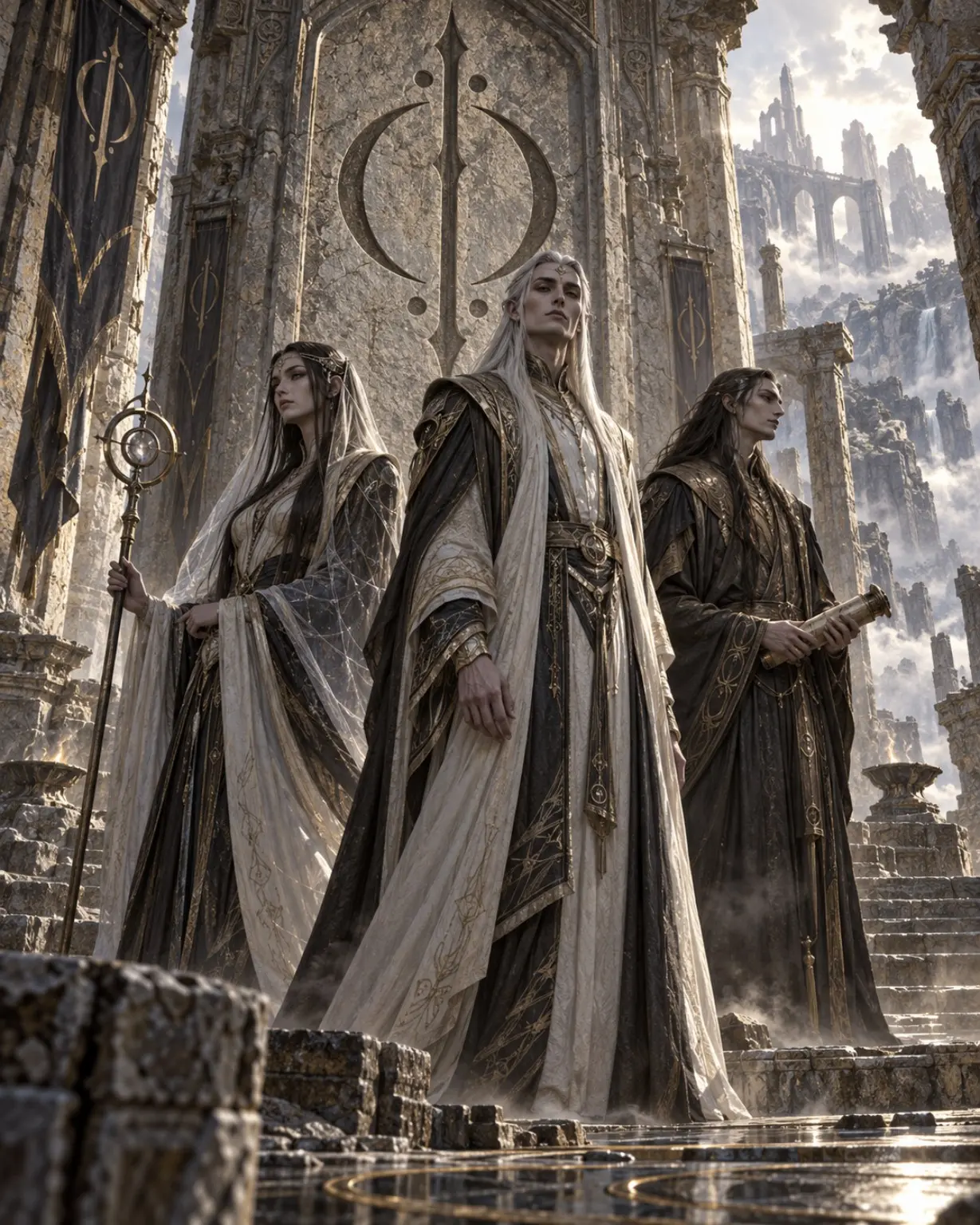 Three robed figures stand before an inscribed stone wall in a vast ancient hall.