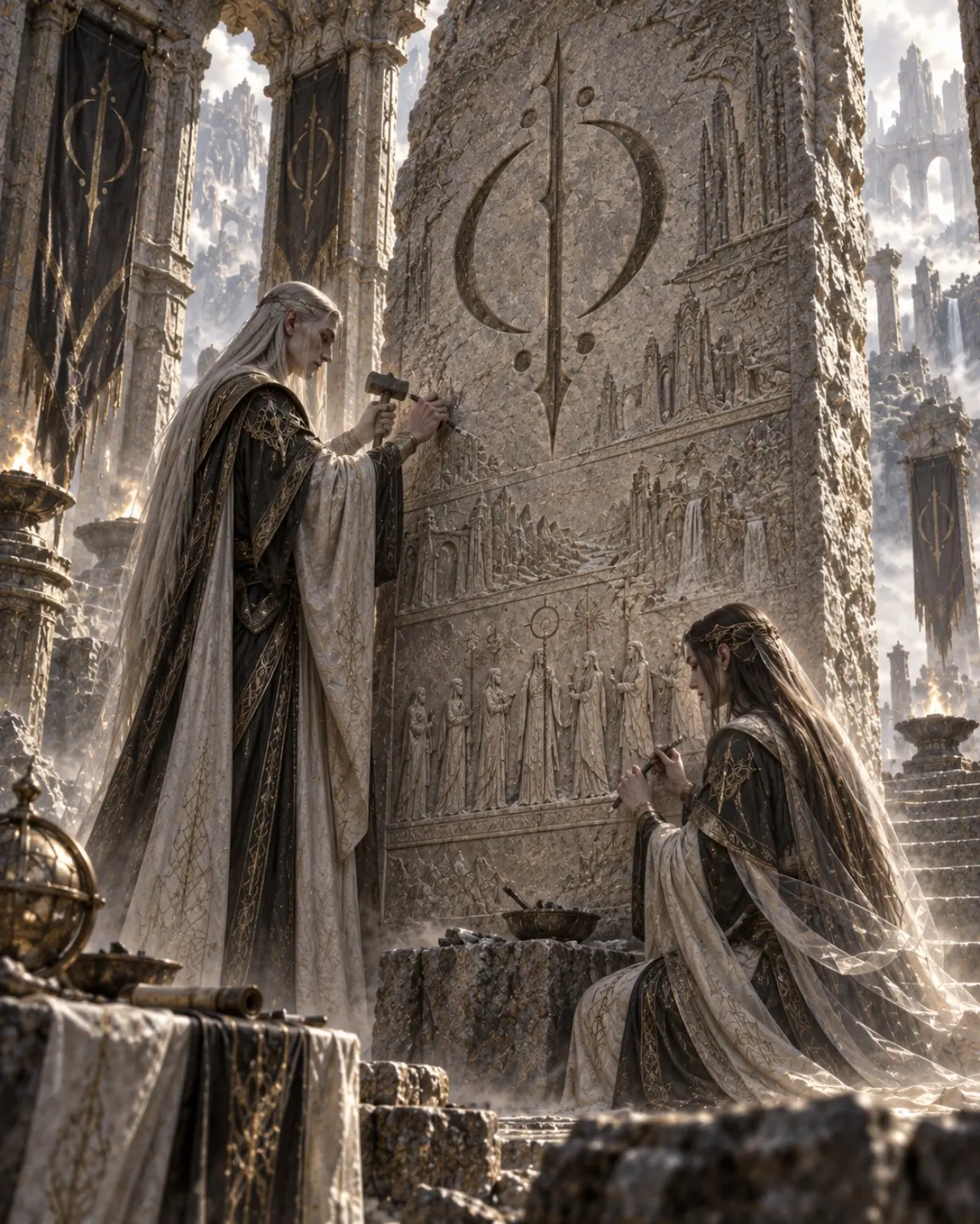 Robed figures study inscriptions on a monumental stone wall among towering ruins.
