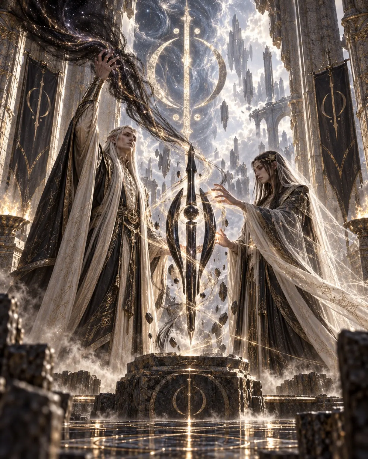 Robed figures gather around a glowing circular device inside an ancient stone chamber.