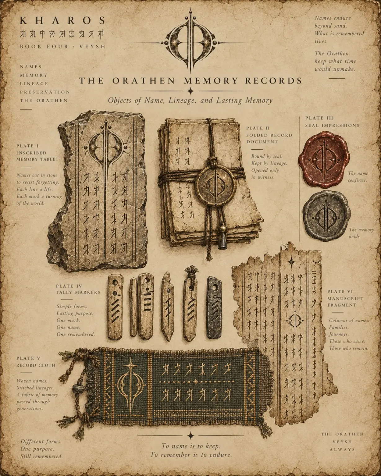 Archive plate showing inscribed tablets, seals, record strips, and a bound volume.