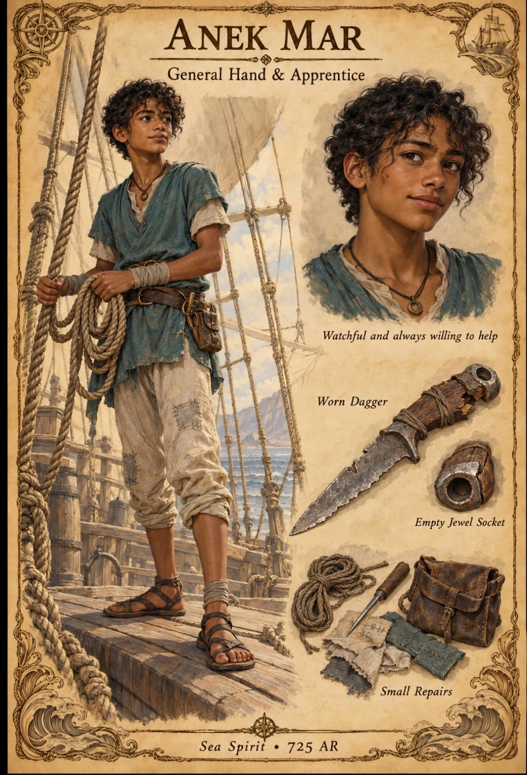Sea Spirit crew reference plate showing general hand and apprentice Anek Mar with a portrait, worn dagger, rope, and repair supplies.