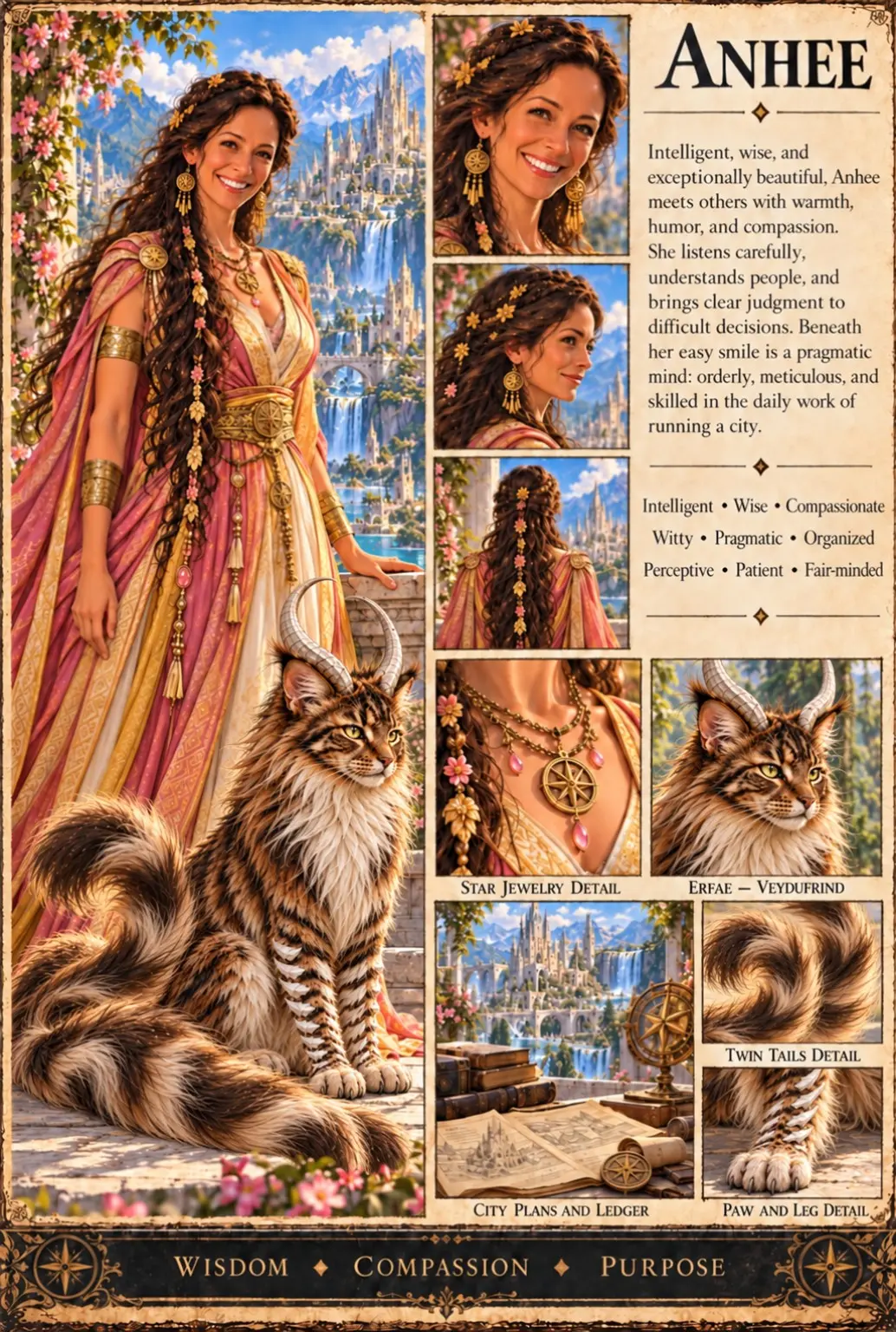 Character reference plate showing Anhee in colorful robes, with portraits, jewelry details, a striped feline companion, and garden scenes.