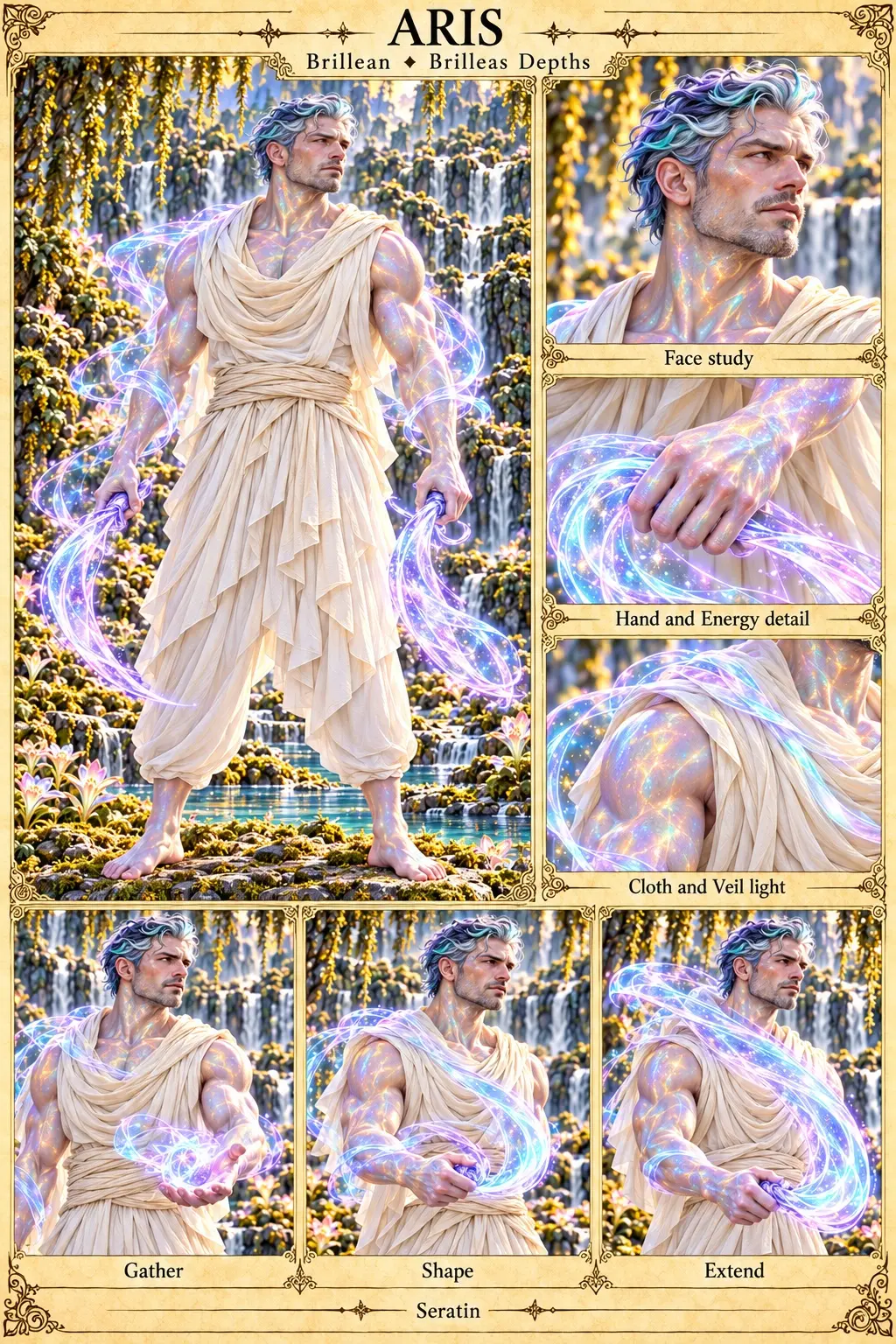 Brillean character sheet from the Brilleas Depths showing Aris, a silver- and violet-haired Veil warrior in layered cream wraps, standing barefoot before mossy waterfalls with ribbons of opalescent Veil energy in each hand, with face, hand and energy, and cloth and Veil light studies, and Gather, Shape and Extend poses.