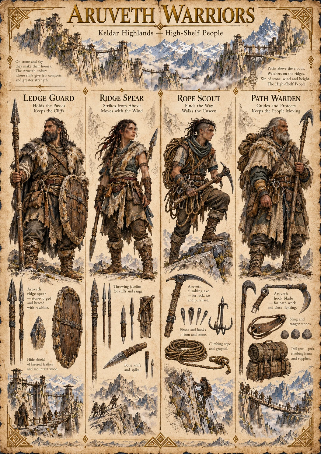 Warrior reference plate showing the Aruveth Ledge Guard, Ridge Spear, Rope Scout, and Path Warden with weapons, climbing equipment, and high mountain landscapes.