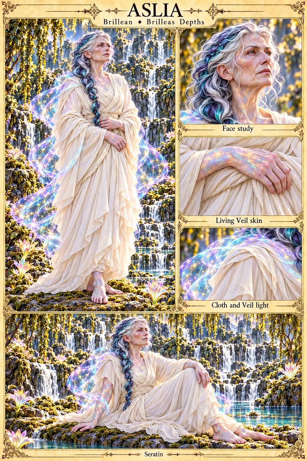 Brillean character sheet from the Brilleas Depths showing Aslia, an elder with a long silver, violet and teal braid in flowing cream robes, standing and seated beside terraced waterfalls and glowing lilies amid drifting Veil light, with face, Living Veil skin, and cloth and Veil light studies.
