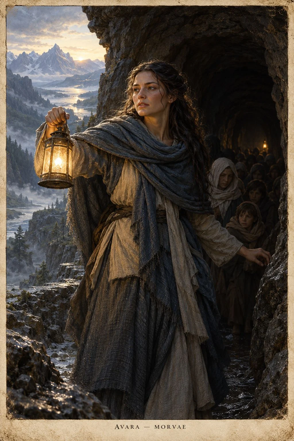 Avara holds a glowing lantern at a stone doorway overlooking distant mountains.