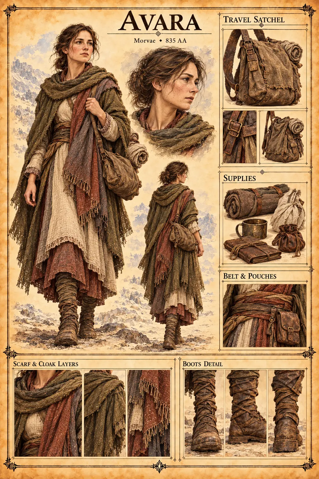 Character reference sheet showing Avara with portrait studies, layered travel clothing, a satchel, supplies, belt pouches, and boots.