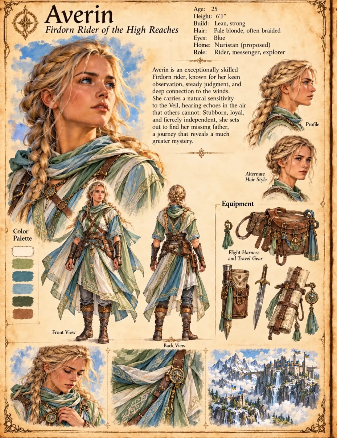 High Reaches character sheet of Averin, a 25-year-old Firdorn rider with long pale blonde braids and blue eyes, in layered cream, green and blue wraps with leather harness straps, shown in portrait, profile, alternate hair, front and back views, with her flight harness, travel gear, dagger and scroll case, and a view of a waterfall city in the snowy mountains.