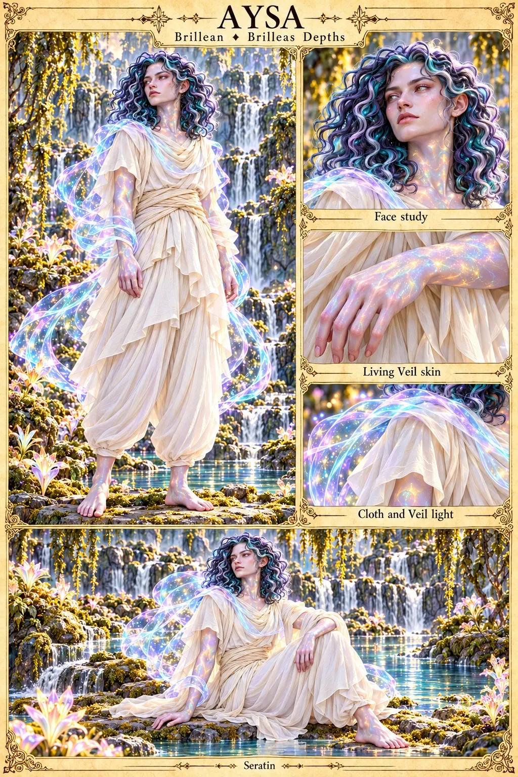 Brillean character sheet from the Brilleas Depths showing Aysa, with curly violet and teal hair and shimmering Living Veil skin, in layered cream wraps, standing and seated beside waterfalls and glowing lilies, with face, Living Veil skin, and cloth and Veil light studies.