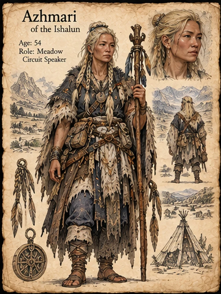 Character reference sheet showing Azhmari of the Ishalun with blond braided hair, fur-trimmed clothing, a carved staff, a medallion, and mountain meadow scenes.