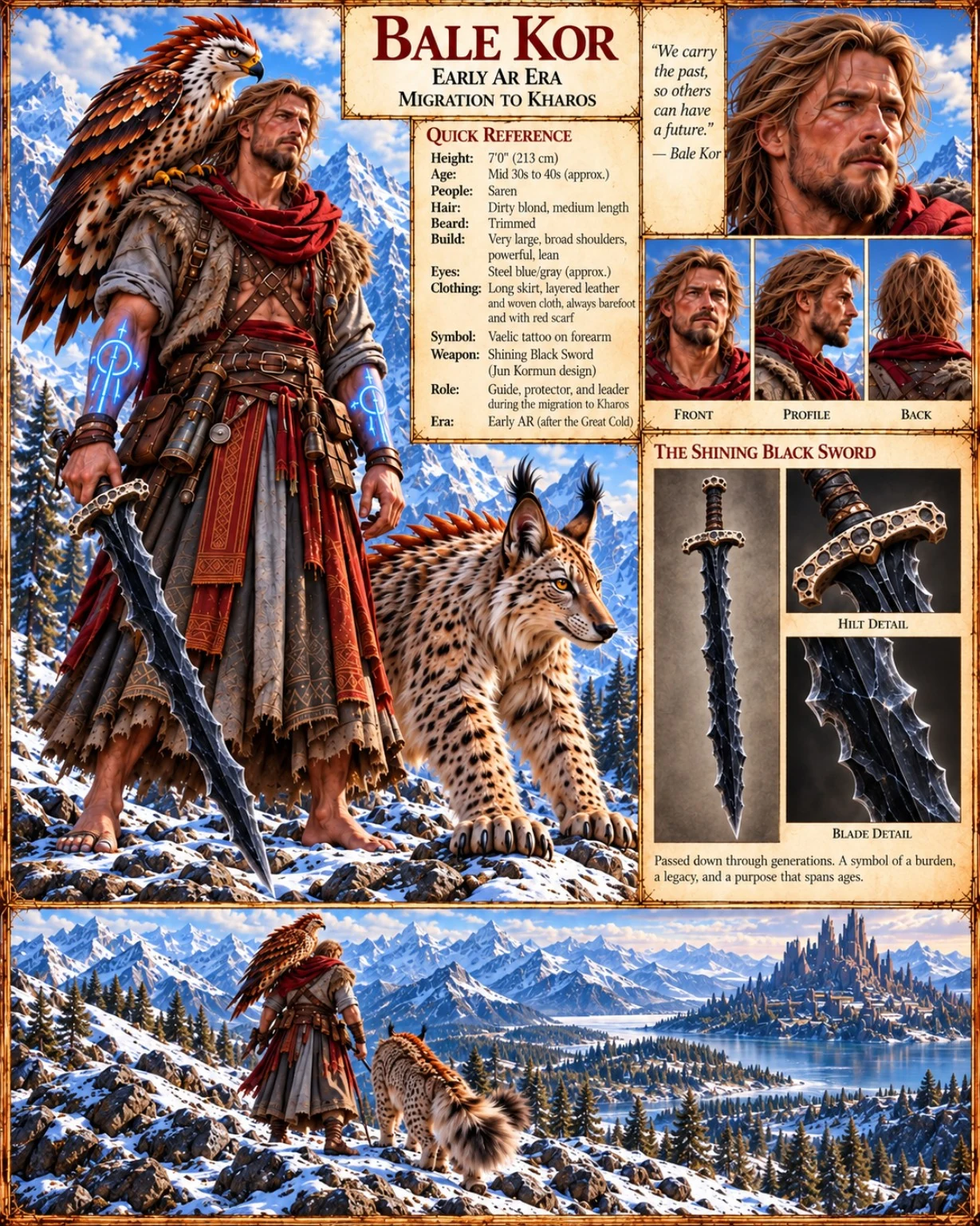 Character reference sheet with portraits, winter clothing, the shining black sword, and feline companions in snowy mountains.