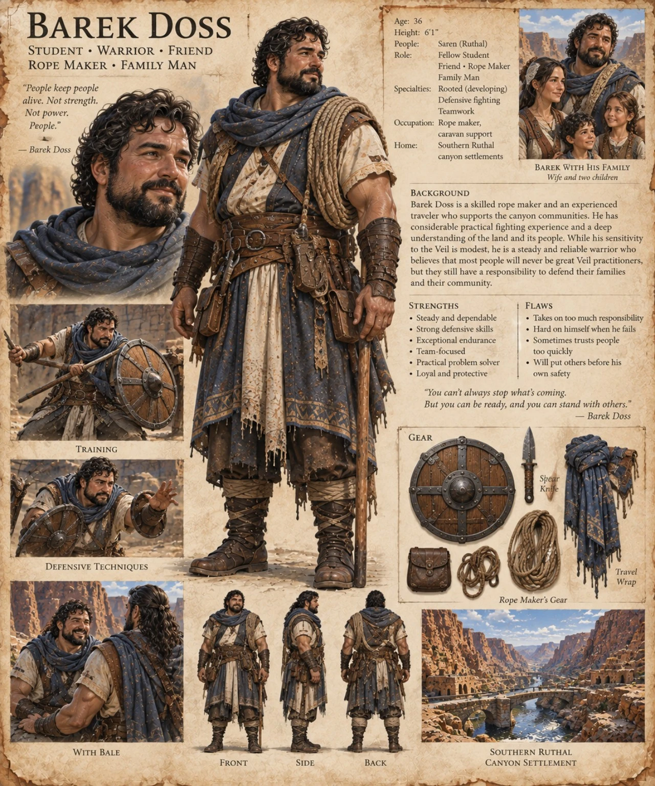 Character reference plate showing Barek Doss with portrait studies, armor, a sword, a shield, and companions.
