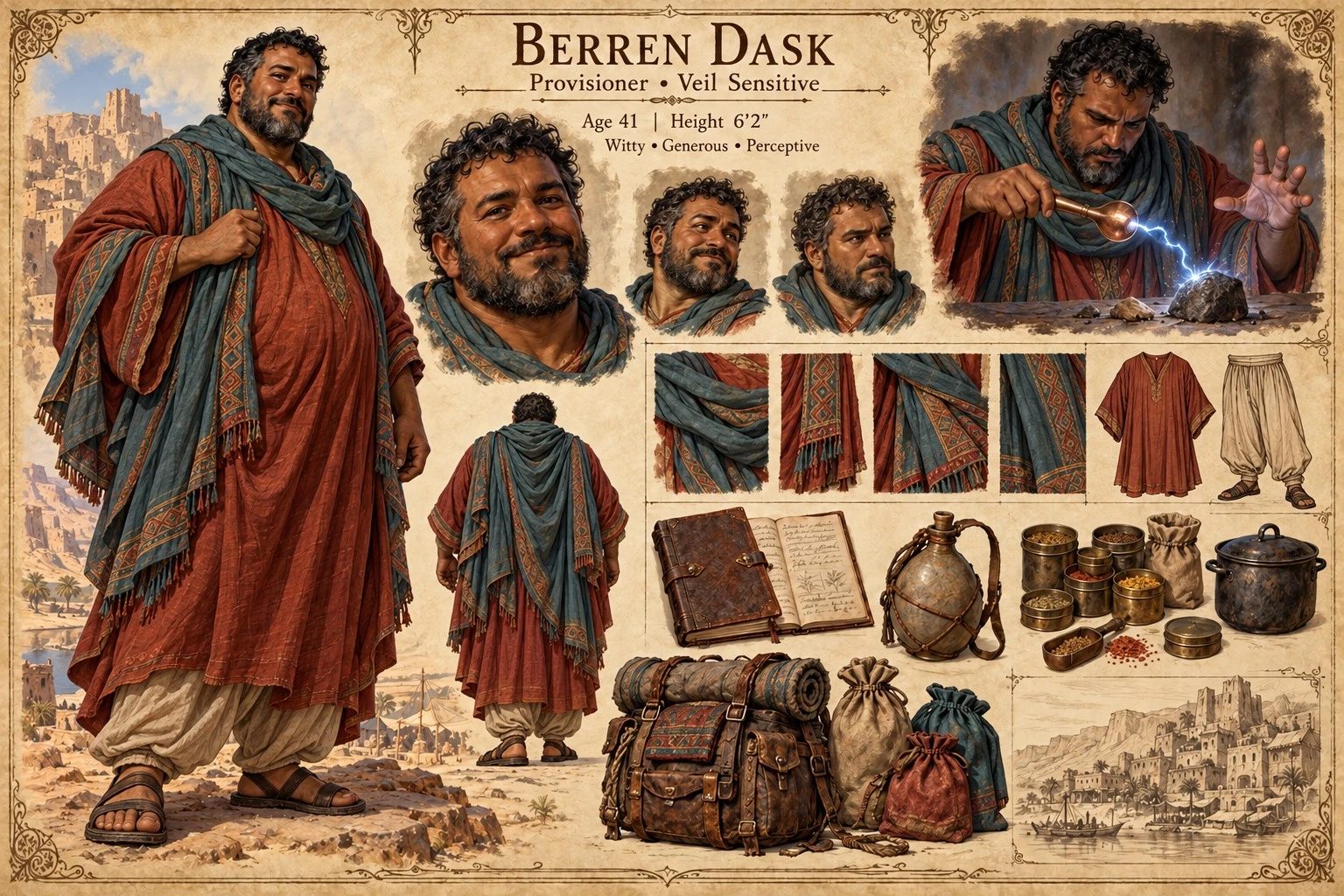 Character reference plate showing Berren Dask with portrait studies, colorful robes, travel bags, and personal belongings.