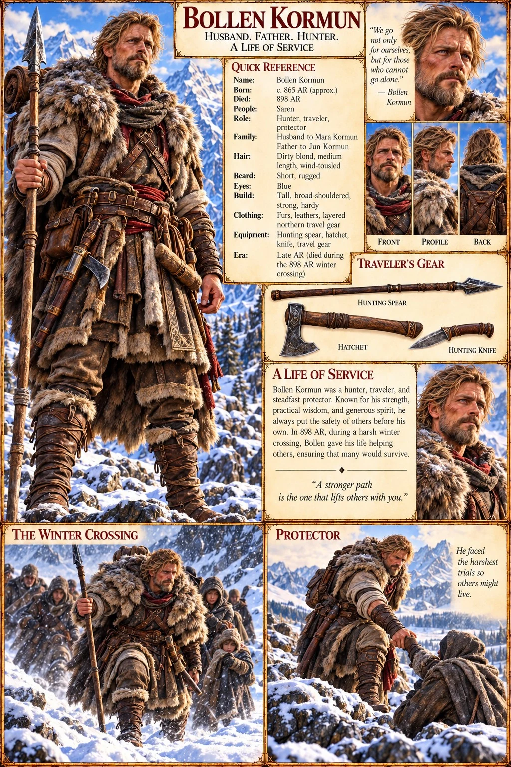 Character reference sheet with portraits, winter clothing, traveling gear, and a snowy river crossing.