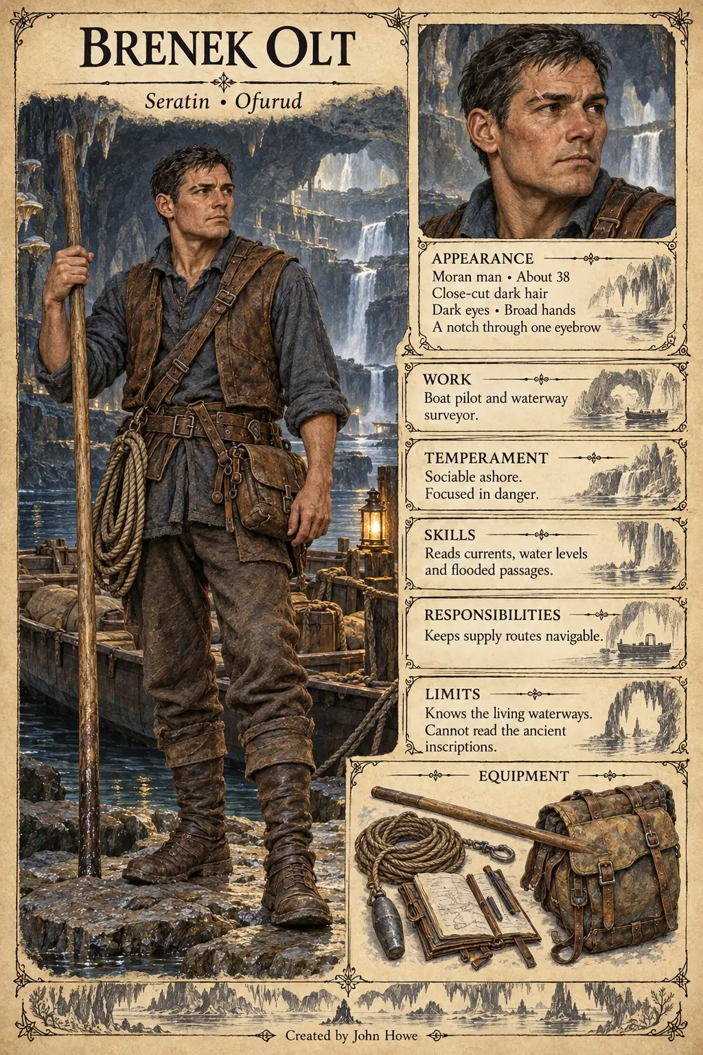 Character reference plate showing Brenek Olt with a walking staff and travel gear, alongside a portrait and equipment studies.