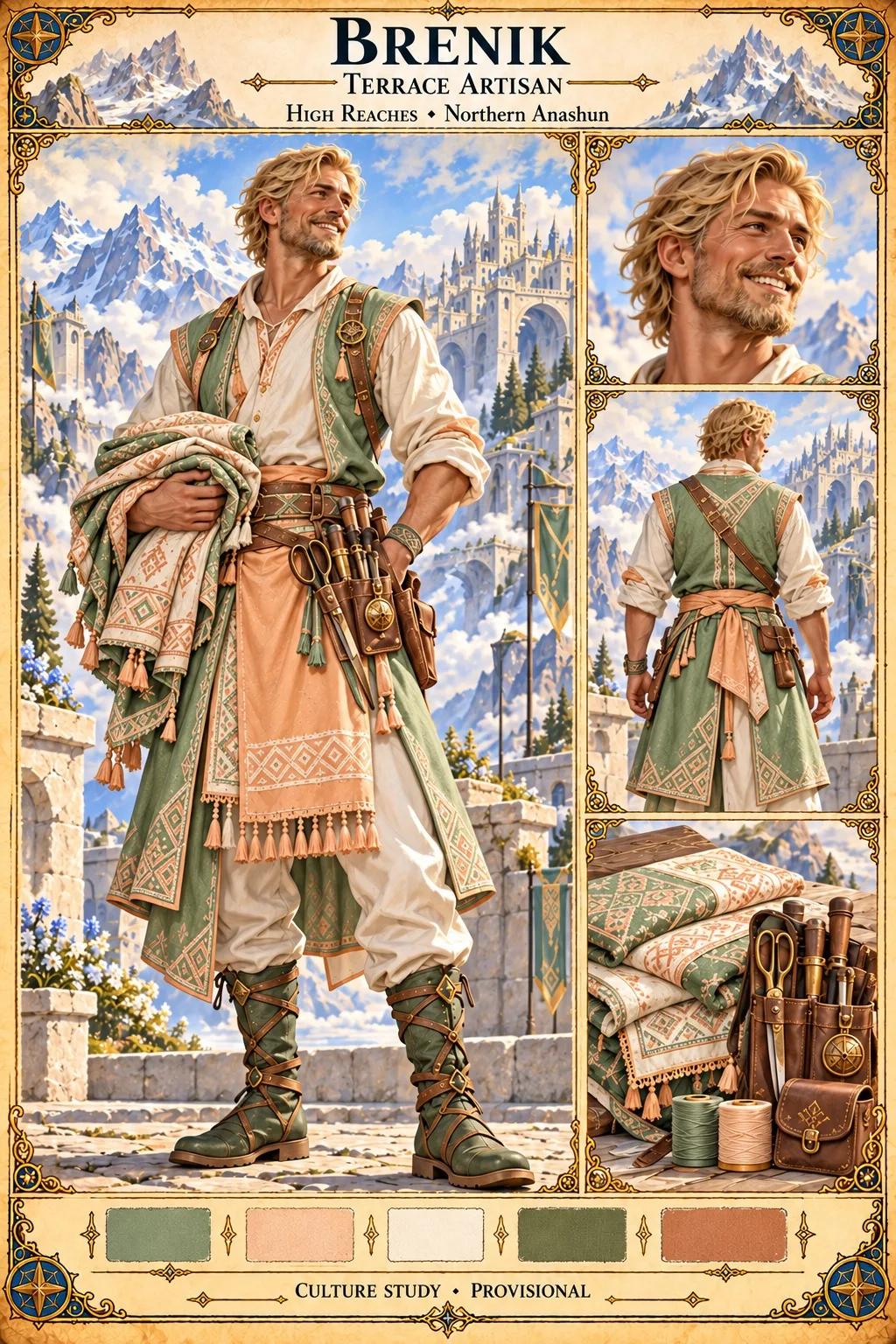 High Reaches culture study of Brenik, a smiling terrace artisan of northern Anashun with wavy blonde hair and a short beard, in a cream shirt, sage green embroidered vest and coat and a peach tasselled apron, carrying folded woven blankets, shown in full figure, portrait and rear view, with his belt of shears and tools, leather pouches and spools of thread, a colour palette, and a white mountain city above the clouds.