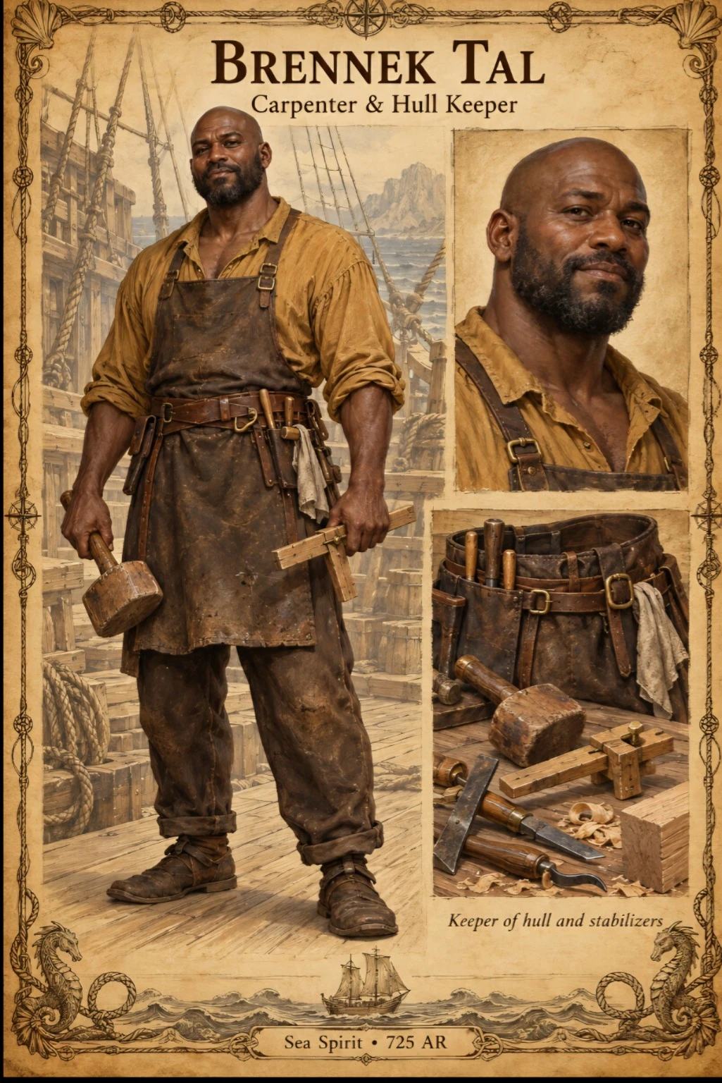 Sea Spirit crew reference plate showing carpenter Brennek Tal with a portrait, work clothes, timber, and woodworking tools.