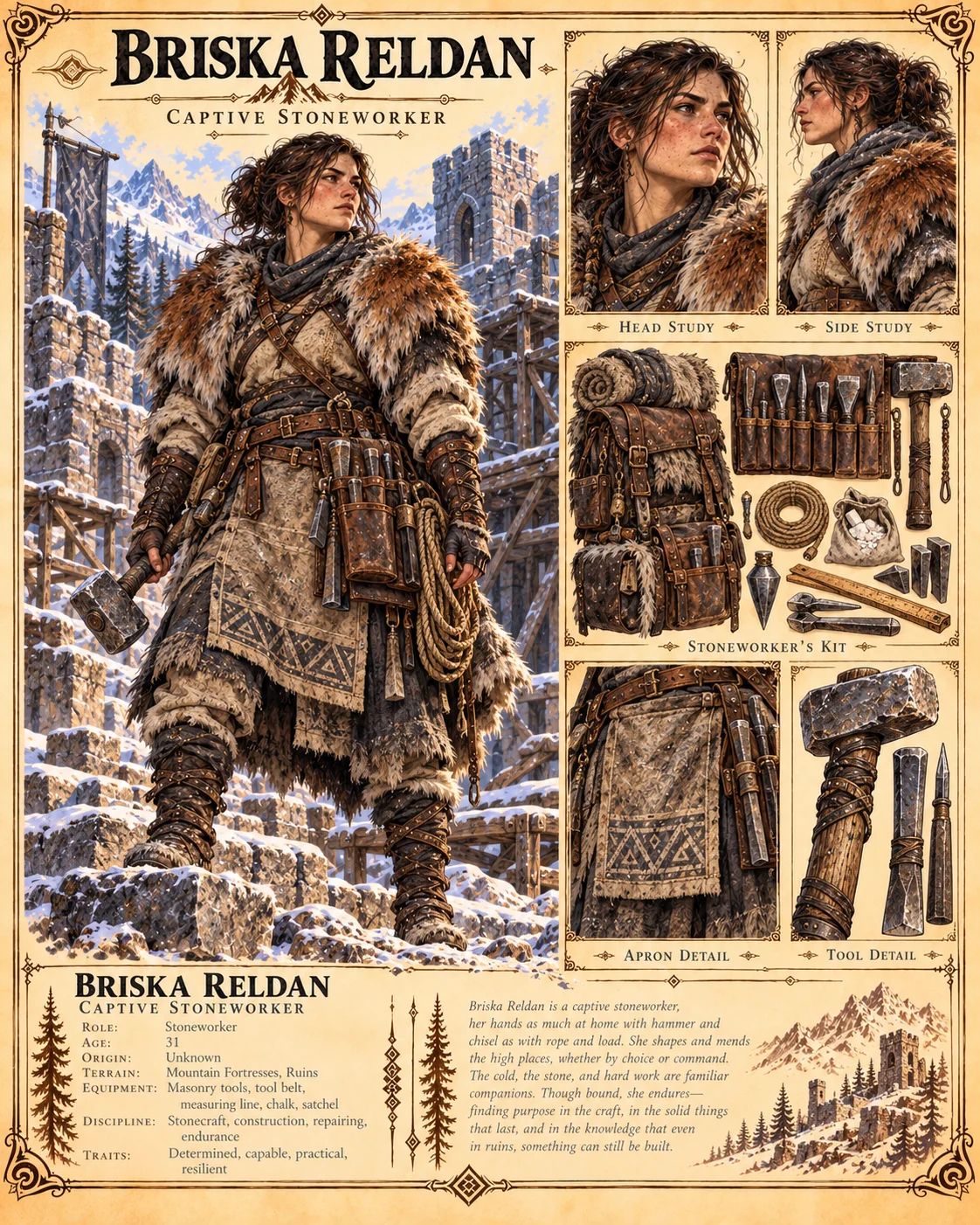 Character reference plate showing Briska Reldan with portrait studies, layered winter clothing, a fur collar, a travel pack, and tools, and a snowy mountain setting.