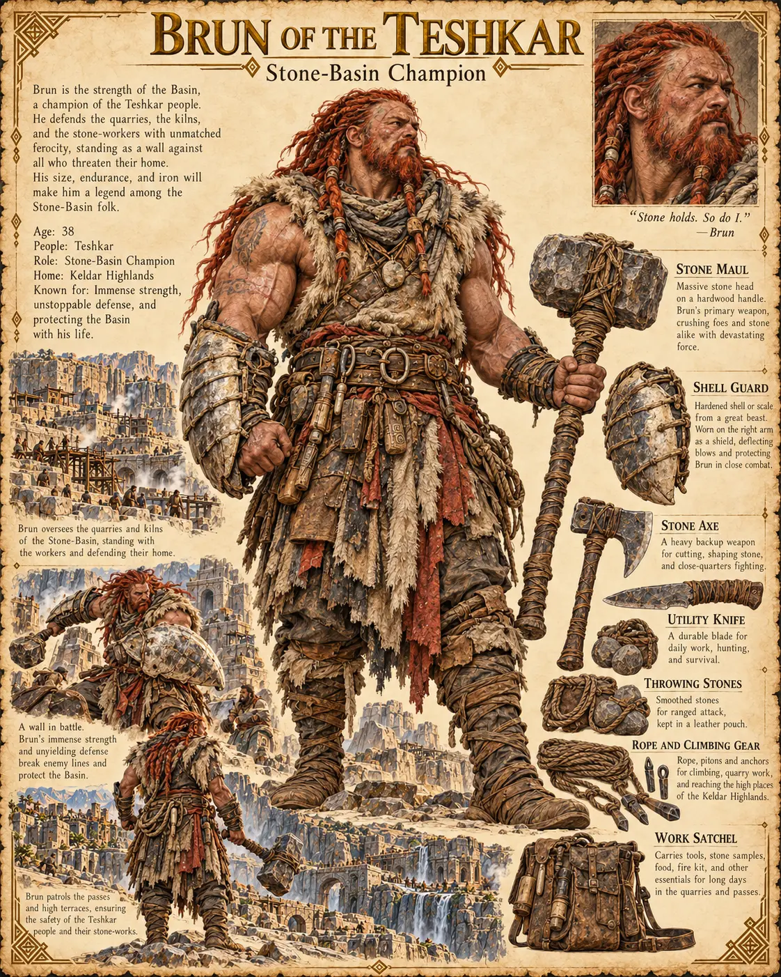Keldar Highlands character sheet showing Brun of the Teshkar, the red-haired, red-bearded Stone-Basin Champion in furs and rope-bound wraps, gripping a massive stone maul, with a head study, his shell guard, stone axe, utility knife, throwing stones, rope and climbing gear and work satchel, and scenes of him guarding the quarries, kilns and high terraces of the Stone-Basin.