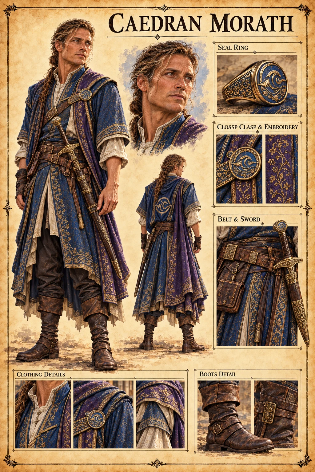 Character reference sheet showing Caedran Morath with front, back, and portrait views, a seal ring, embroidered cloak and clasp, sword, belt, and boot details.