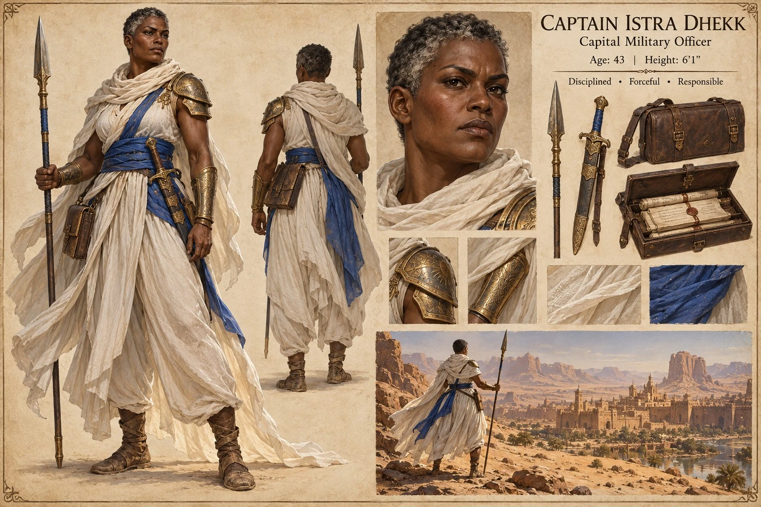 Character reference plate showing Captain Istra Dhekk with portrait studies, pale clothing, a spear, and travel equipment.