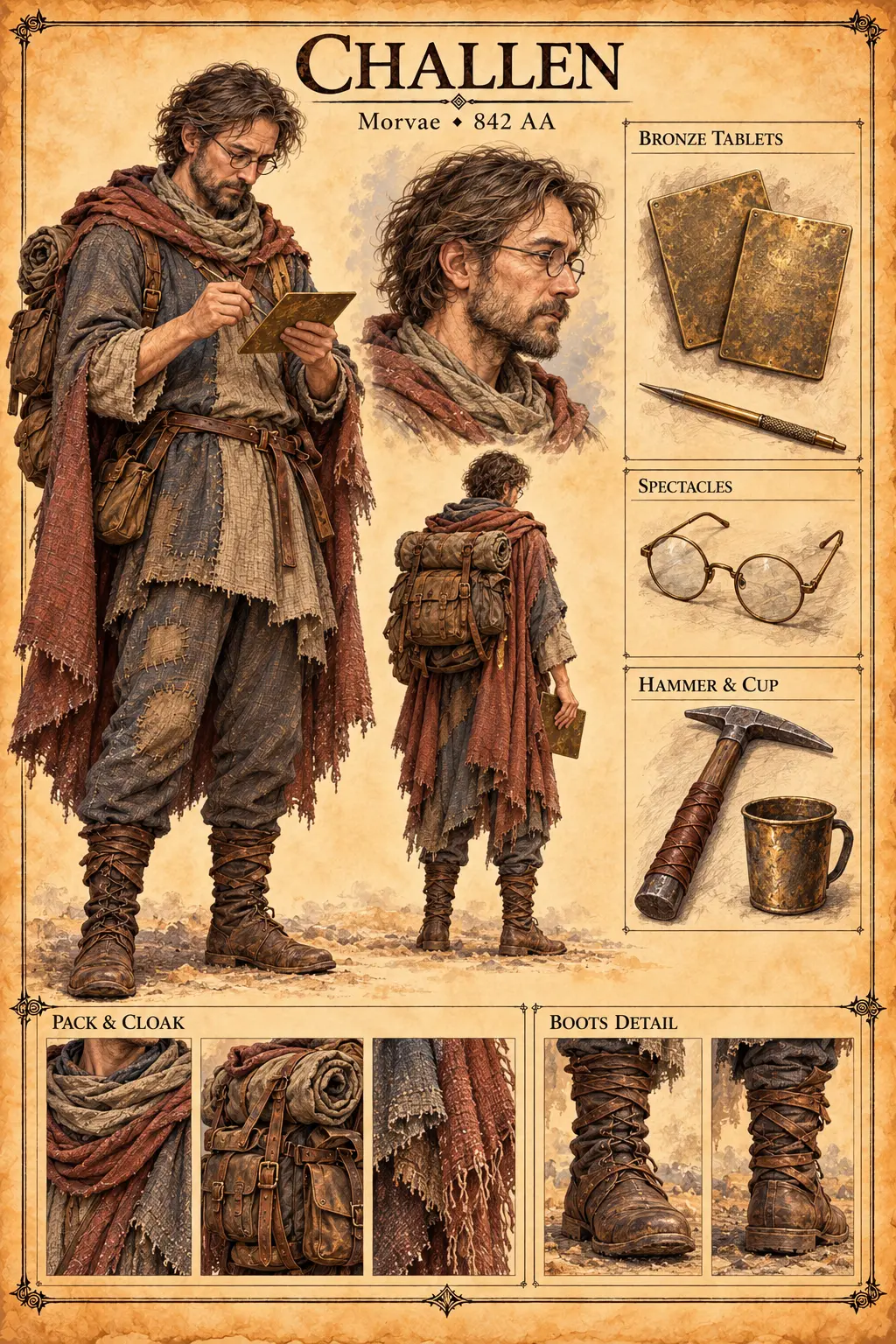 Character reference sheet showing Challen with portrait studies, travel clothing, a pack, bronze tablets, spectacles, a hammer, a cup, and boots.