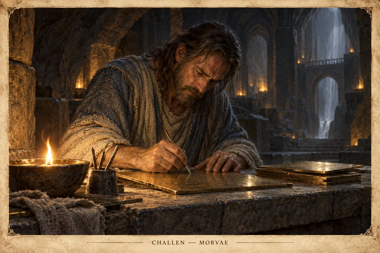Challen writes on a bronze tablet by candlelight in a shadowed stone room.